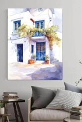 Santorini Mavi Kapıllı Ev Kətan Tablo - Markaev
