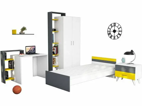 Serta Uşaq Otağı Mebel Dəsti + Çarpayı, Dolab, Çalışma masası, Tumba - Antrasit/Sarı - 2