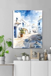 Suluboya Vektör Santorini Kətan Tablo - Markaev