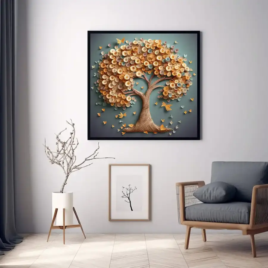 Tree with Butterflies Kvadrat Kətan Tablo TB2135 - 2