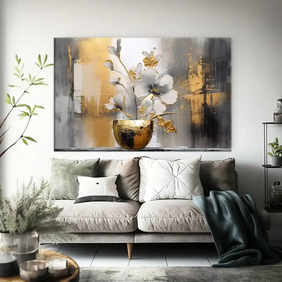 Vase Plants Gold Flower Kətan Tablo TB1977 - 1