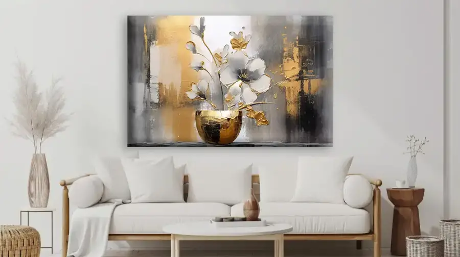 Vase Plants Gold Flower Kətan Tablo TB1977 - 2