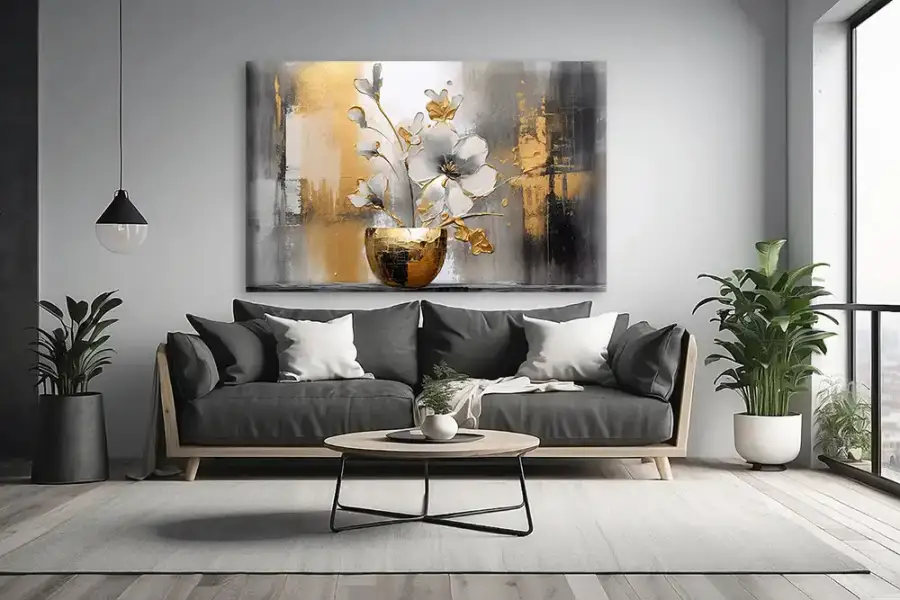 Vase Plants Gold Flower Kətan Tablo TB1977 - 3