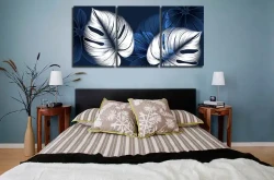 White and Blue Leaves Abstarct 3'lü Set Kətan Tablo TB1535 - 2