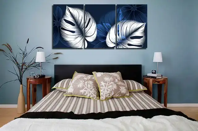 White and Blue Leaves Abstarct 3'lü Set Kətan Tablo TB1535 - 2
