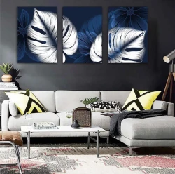 White and Blue Leaves Abstarct 3'lü Set Kətan Tablo TB1535 - 3