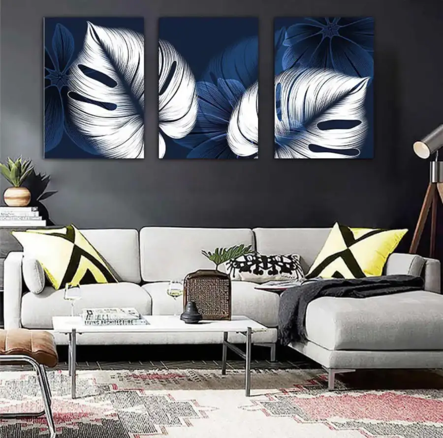 White and Blue Leaves Abstarct 3'lü Set Kətan Tablo TB1535 - 3