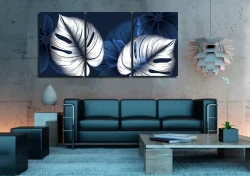 White and Blue Leaves Abstarct 3'lü Set Kətan Tablo TB1535 - 4