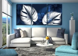 White and Blue Leaves Abstarct 3'lü Set Kətan Tablo TB1535 - 1