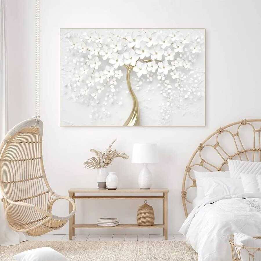 White Flower and Gold Branch Kətan Tablo - 1