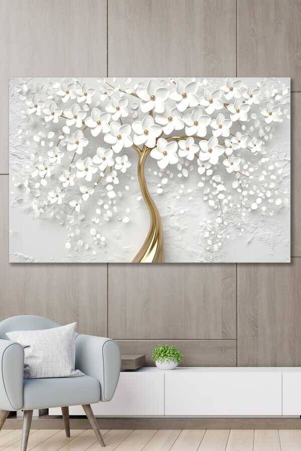 White Flower and Gold Branch Kətan Tablo - 2