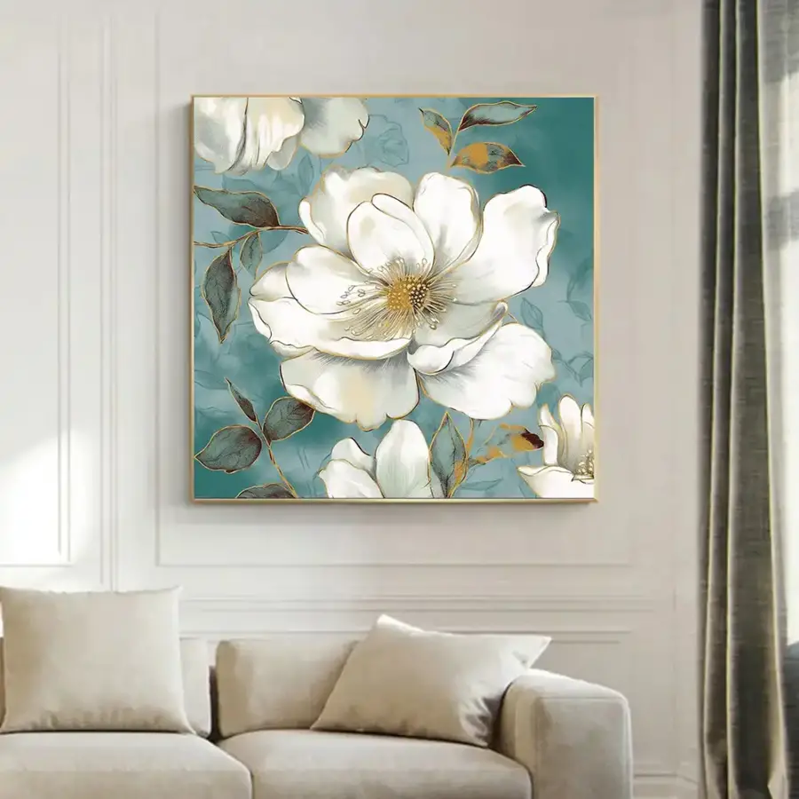 White Flowers and Leaves Kvadrat Kətan Tablo TB2043 - 1