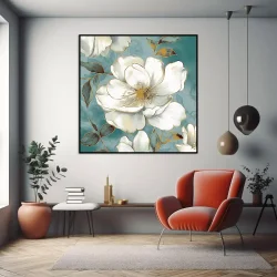 White Flowers and Leaves Kvadrat Kətan Tablo TB2043 - 2