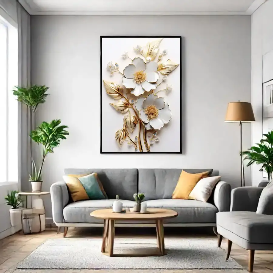 White Gold Flower with Leaves Kətan Tablo TB2146 - 1