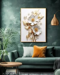 White Gold Flower with Leaves Kətan Tablo TB2146 - Tabloshop (1)