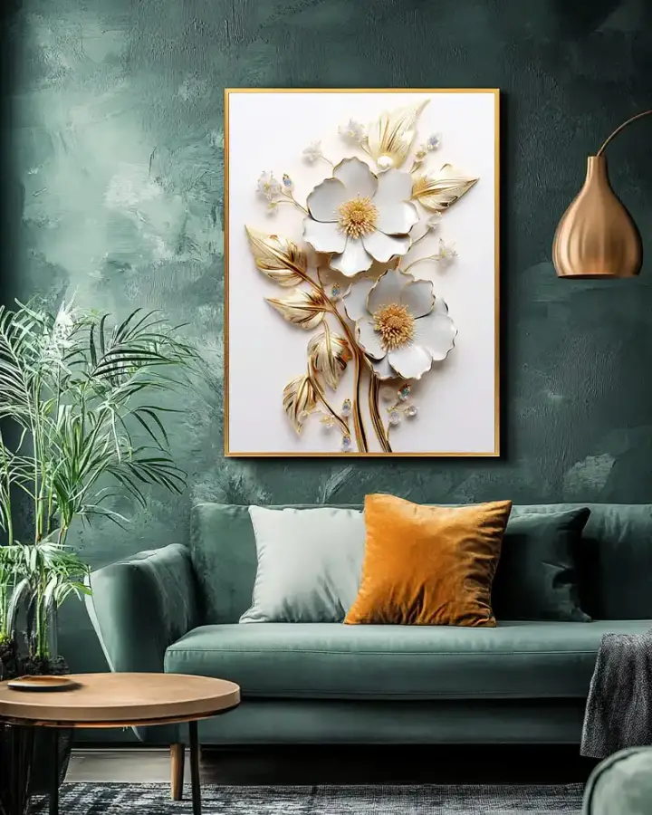 White Gold Flower with Leaves Kətan Tablo TB2146 - 2