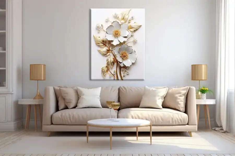 White Gold Flower with Leaves Kətan Tablo TB2146 - 3