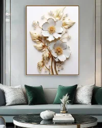 White Gold Flower with Leaves Kətan Tablo TB2146 - 4