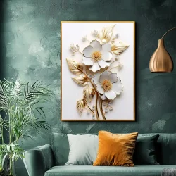 White Gold Flower with Leaves Kətan Tablo TB2146 - 5