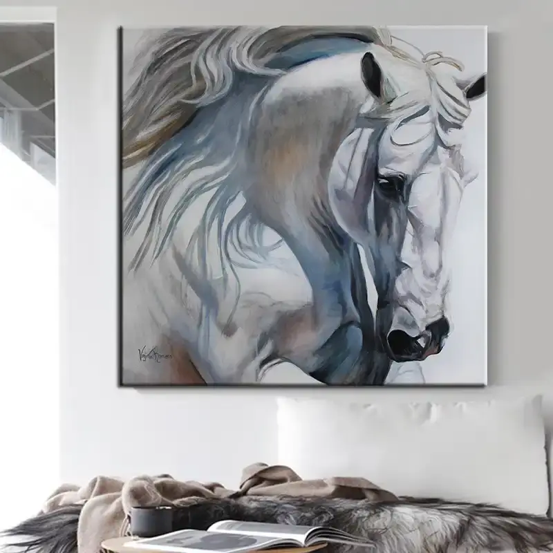 White Horse Oil Painting Kvadrat Kətan Tablo TB1417 - 1
