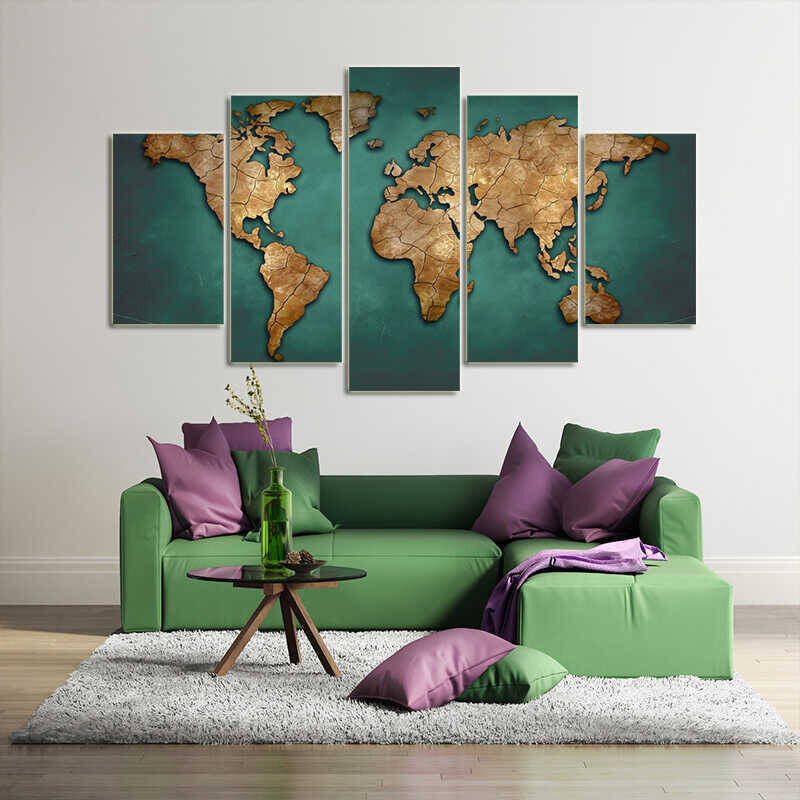 World Map Green 5 Parçalı Kətan Tablo 155x85 cm - 1