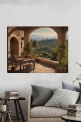 Yeşillik ve Tarihi Bina Manzaralı Yemek Masası Kanvas Tablo - Markaev