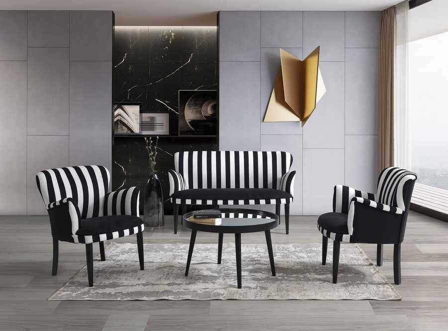 Zebrano 3lü Çay Seti Divan Kreslo Dəsti Siyah-Beyaz - 1